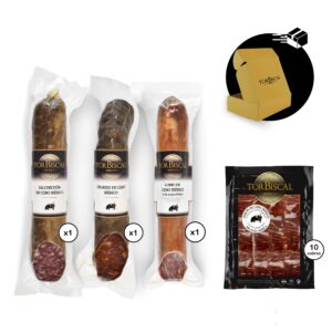 Loncheado de jamón de cebo ibérico 50% r. ibérica + lomo cebo ibérico 50% r. ibérica + chorizo ibérico + salchichón ibérico.